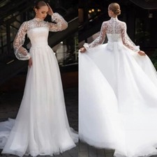 Luxury A-Line Wedding Dresses High Neck Puff Sleeves Lace Applique Bridal Gowns