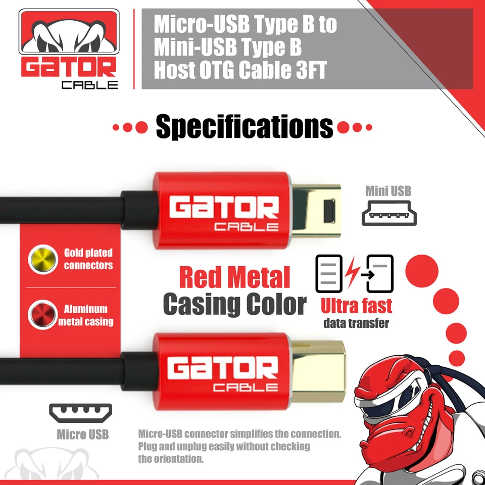 Micro USB to Mini USB Male Host OTG Adapter Converter Cable Charger Cord 3FT - Image 3 of 4