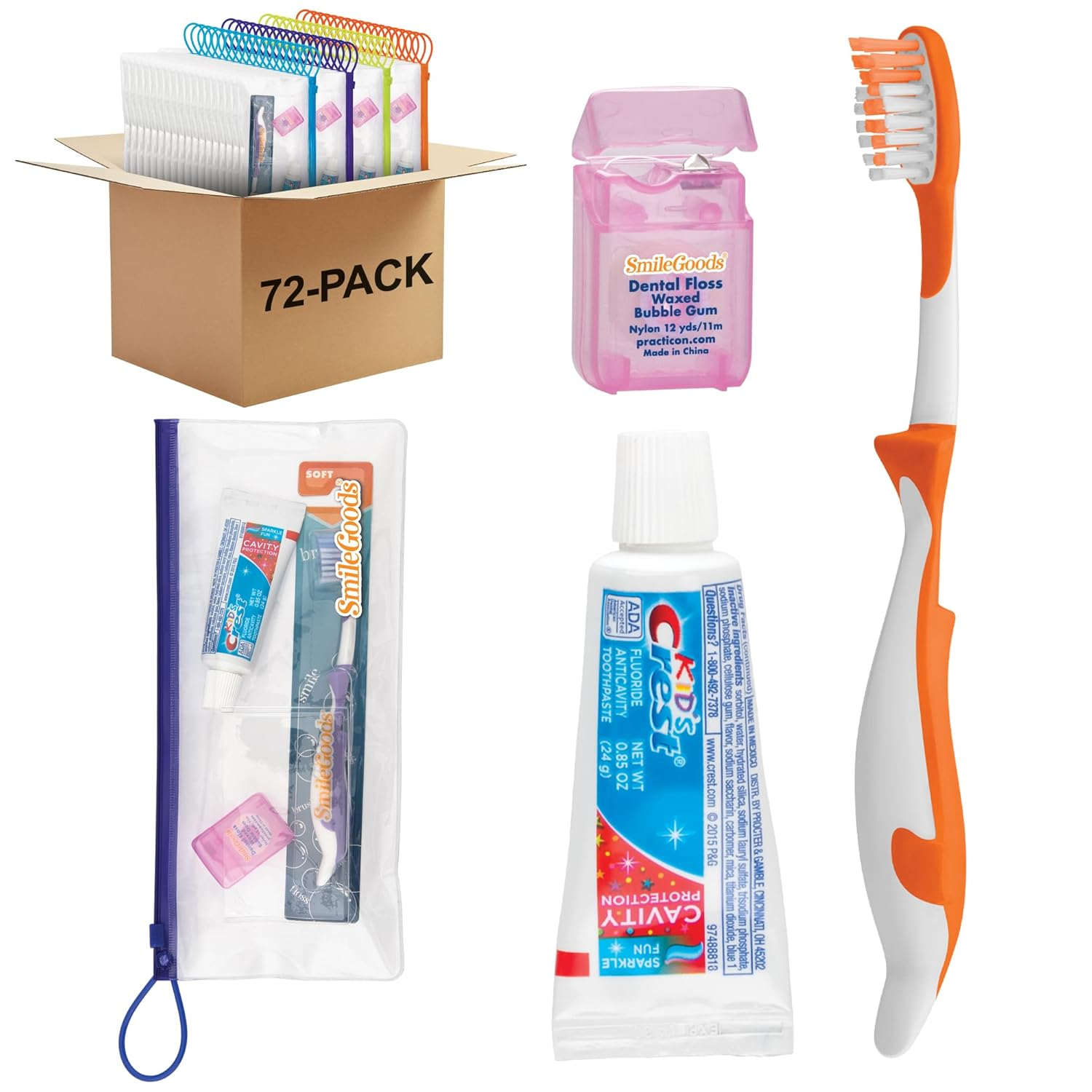 Smilegoods Child Dental Care Kit with Toothbrush, Toothpaste, and Floss, 72 Pack