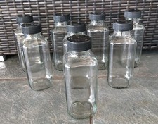 Glass Jars W/ Black Lids Storage Containers Lot Of 8 16oz Square 6.75" Tall
