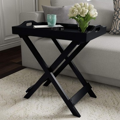 Wooden Folding Bed Side Table Living Room Sofa Side Coffee Table for Home, Black