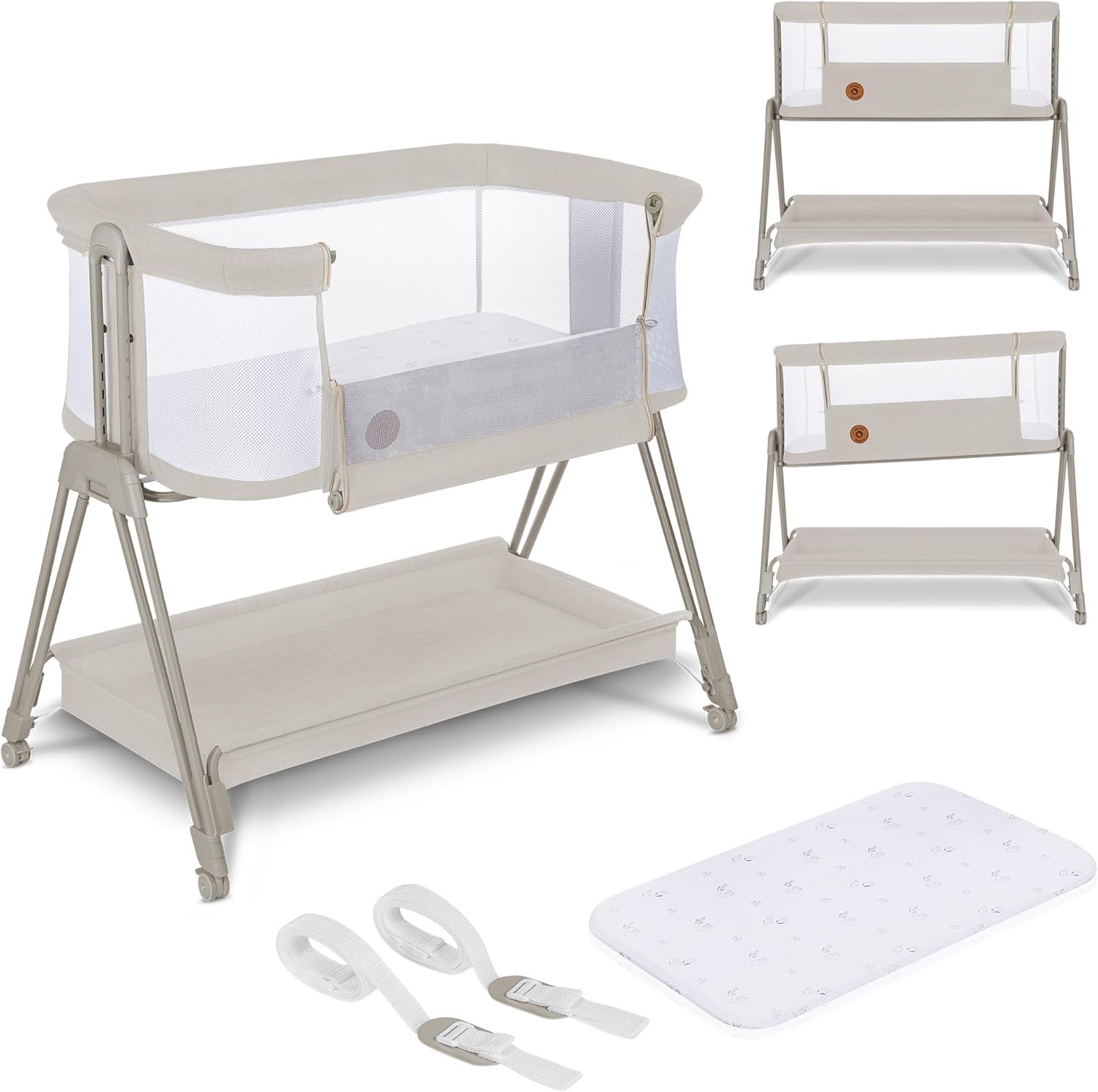 2in1 Baby Bedside Crib Adjustable Height Incline Cot with Wheels & Storage Beige