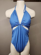 Nwt Cupshe Women's One Piece Swimsuit Size Xl Ribbed Blue Halter Top