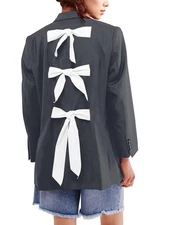 ICOBID Women Oversized Bow Tie Blazer Jacket Lapel Button Grey Size L