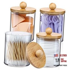 4 Pack Qtip Holder Dispenser with Bamboo Lids - 10 oz Clear 4 Pack of 10 oz