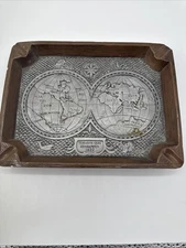 Lg Ashtray Ceramic Brown Rectangular Map Image  Vintage 10" x 7.5 Duncan Ceramic