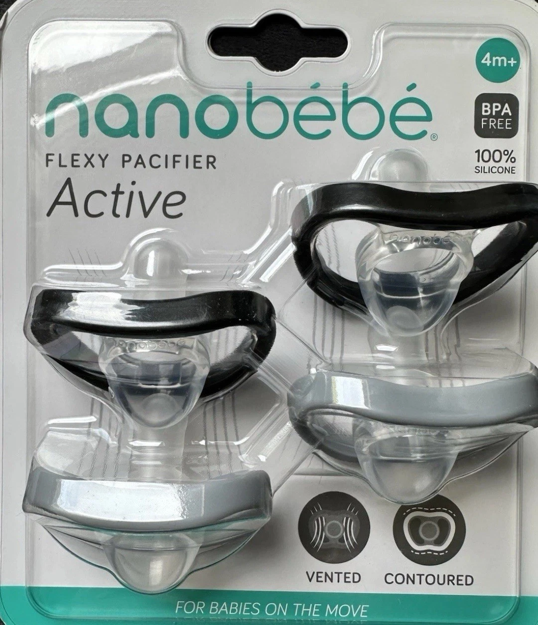 Nanobebe Active flexi pacifier 4 Pack black/grey 4m+ - BPA Free