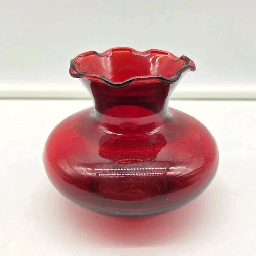 Vintage Anchor Hocking Ruby Red Glass Vase 3.5" Ruffled Rim Small Bud Vase