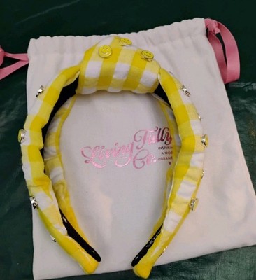 Living Fully Co Headband Yellow Gingham Smiley Faces Knotted W/Bag