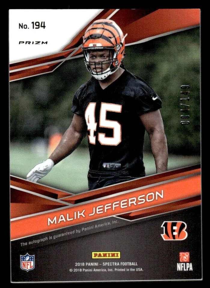 2018 PANINI SPECTRA MALIK JEFFERSON 194 NEON BLUE RC AUTOGRAPH 4/149 BENGALS - Image 2 of 2