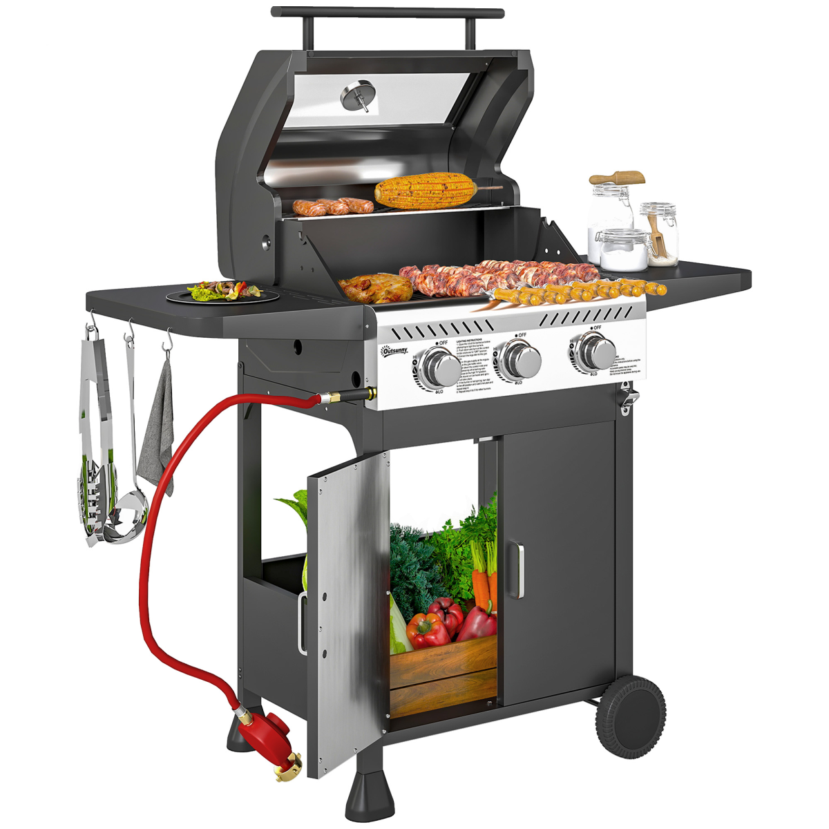 Rackhams Black 3 Burner Propane Gas Bbq Grill With See-Through Lid And Thermometer - Image 2