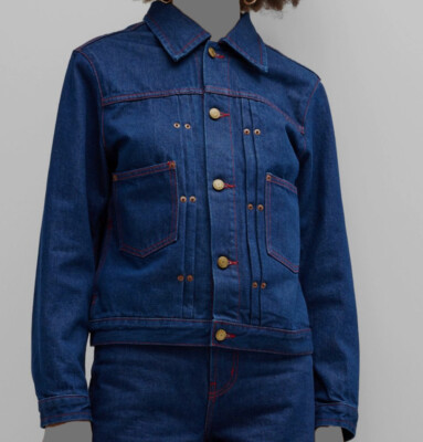 $347 B Sides Women's Blue Cecil Pleated Topstitched Denim Jean Jacket Size M