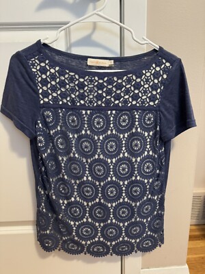 Tory Burch Lace Front Tee Blue White XS Great Condition 