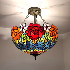 Tiffany Style Ceiling Lights Stained Glass Rose Flowers LED Bulbs 16"H 16"W 16"D
