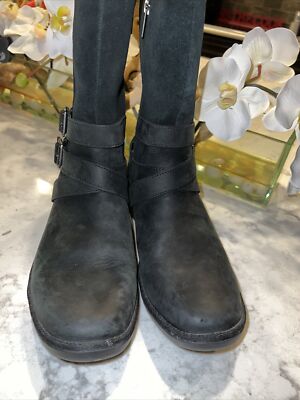 UGG Black Nubuck Leather Zip Mid Calf Boots Womens Size