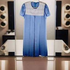 Vtg 1970s Handmade Ladies Pleated Midi Dress Size M Lt Blue White Lace Collar 