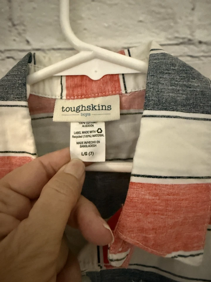 Toughskins Red/White/Black Stripe S/S Button Front 100% Cotton Shirt Boy's L(7) - Image 3 of 4
