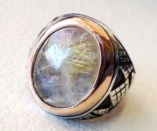 Golden Rutile Ring 925 Silver Mens Gemstone Turkish Handmade Signet Rings MR#343