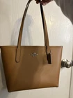 Coach Tan Pebbled Tote Bag Silver Hardware Logo Hang Tag Burgundy Lined