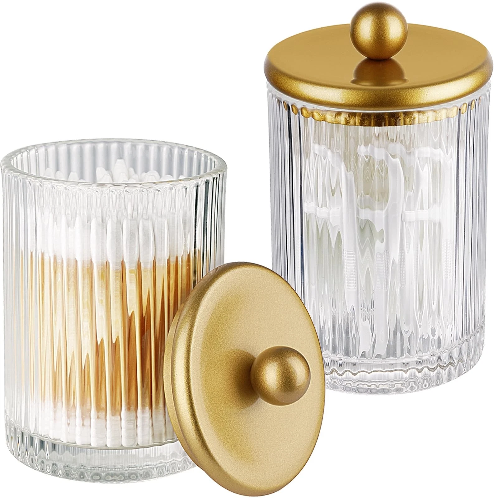 2-Pack Gold Ribbed Glass Qtip Holder - Apothecary Jars Bathroom Organizer wit...