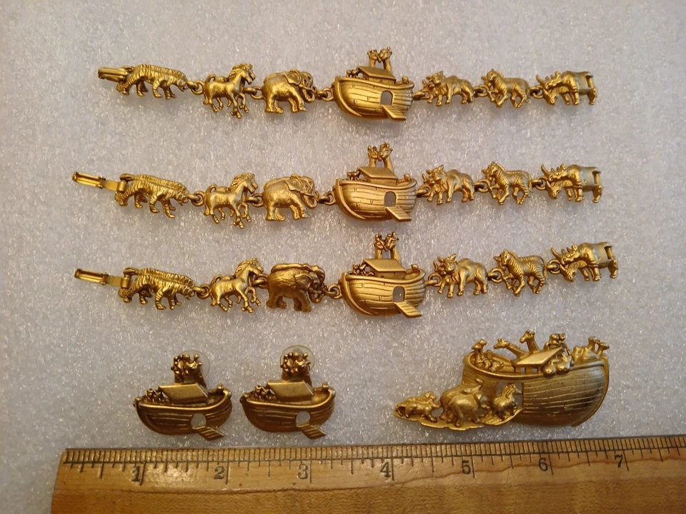 Vtg Gold Tone Noah Ark Animal Bracelet Pin Earrings Christian Gift Jewelry 6 Pcs - Image 2 of 3