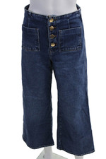 Zara Women Cropped Wide Leg Jeans Dark Blue Button Mid Rise Size 2