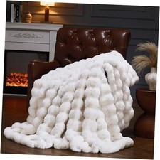 Faux Fur Throw Blanket for Couch, Fluffy Fuzzy Plush Bubble 108x90inch Beige