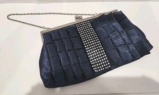 Evening Bag Navy Blue Satin Ruffle Rhinestone Band Silver Color Clasp  2 Chains