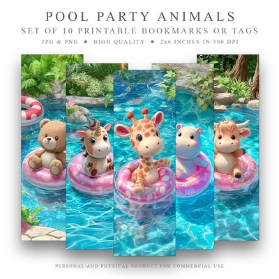 Pool Party Animals Bookmarks   Set of 10 Summer Printable Designs PNG JPG