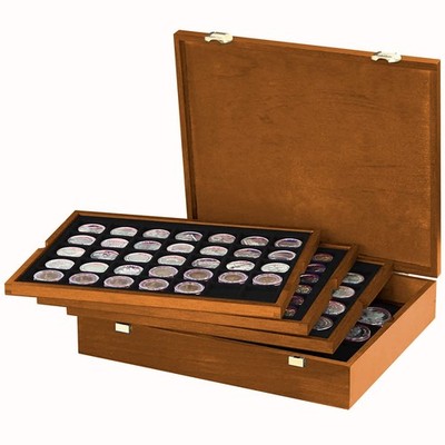 LINDNER Echtholz Münzkassette mit 4 schwarzen Tableaus für 127 Münzen untersc...
