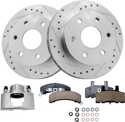 Front Drilled Rotors & Right Caliper Brake Pads for Chevy GMC K1500 K2500 Tahoe