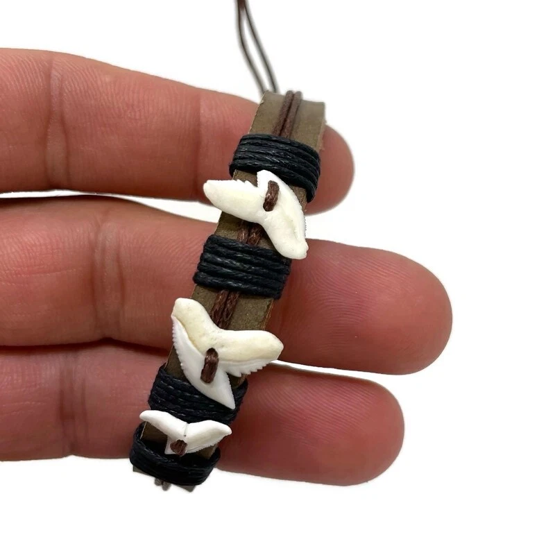  Shark Tooth Bracelet Real Shark Tooth Teeth Surfer Beach Leather Bracelet Cuff  - Image 2 of 3
