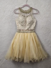 Lets Women Dress Small Yellow 100% Polyester Floral Embroidered Fit Flared Tulle