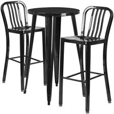 24'' Round Black Metal Indoor-Outdoor Restaurant Bar Table Set with 2  Barstools