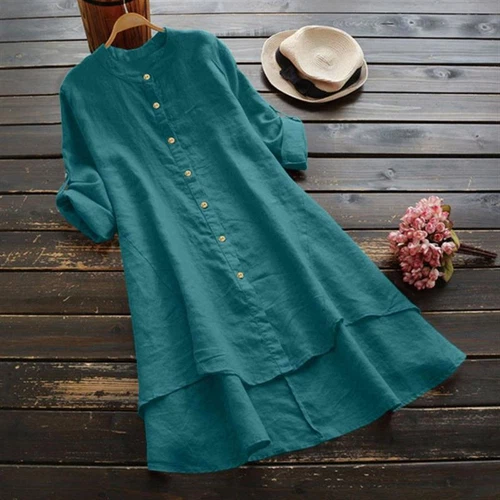Mujeres Informal Algodón Lino Camisa Vestido Retro Botón Suelto Túnica Blusa Prendas para el torso Playa - Imagen 22 de 40