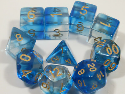 NEW RPG Dice 10pc - Mysty Clear Blue w/gold- 1@ D4 D8 D10 D12 D20 D00-10 & 4D6