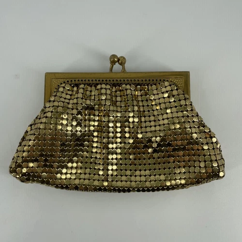 Vtg Whiting & Davis Gold Mesh Metal Coin Purse Kiss Lock Closure Art Deco Fancy