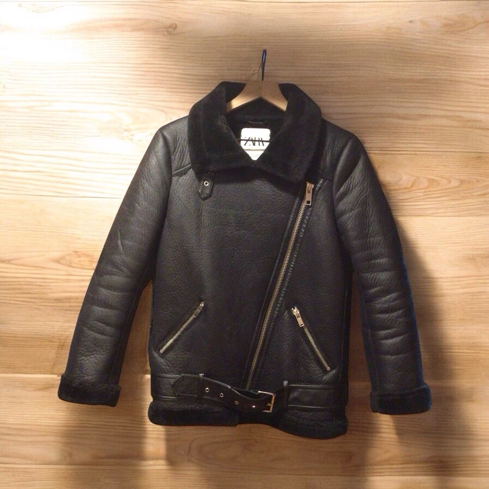 Abrigo Chaqueta Zara Negro Doble Cara Imitación Piel Aviador Motociclista XS