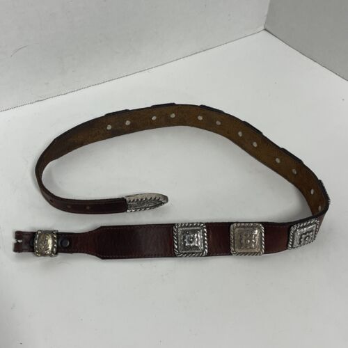 Vintage 90’s Womens Justin Silver Concho Belt Brown Leather Western Sz 30 - Picture 1 of 10
