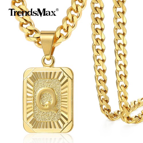 Initial Letter PENDANT Necklace 18/22" Yellow Gold Plated Curb Chain for Men Boy - Picture 29 of 38
