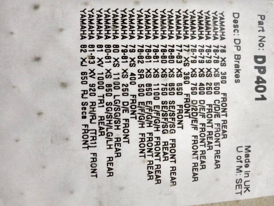 PASTILLAS FRENO DELANTERAS TRASERAS YAMAHA SR XS XJ DP401 Foto 2 de 2