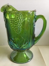 Indiana Glass Harvest Grape Iridescent Green Carnival Glass Footed Pitcher — listing 6
