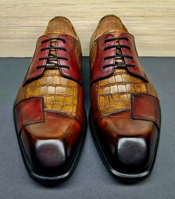 Handmade men check crocodile pattern dress shoes, formal oxford shoes for  mens