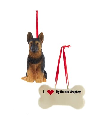 Kurt Adler Dog Figure & Bone 2 pc. Set of Christmas Ornaments-GERMAN SHEPHERD