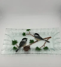 Fused Art Glass Vanity Serving Tray Console Chickadees Ruffled Edge 11” Winter