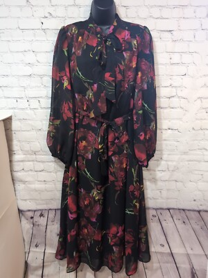 Donna Ricco Women's Size 12 Black Rose Floral Long Sleeve Belted Dress $129 NWT