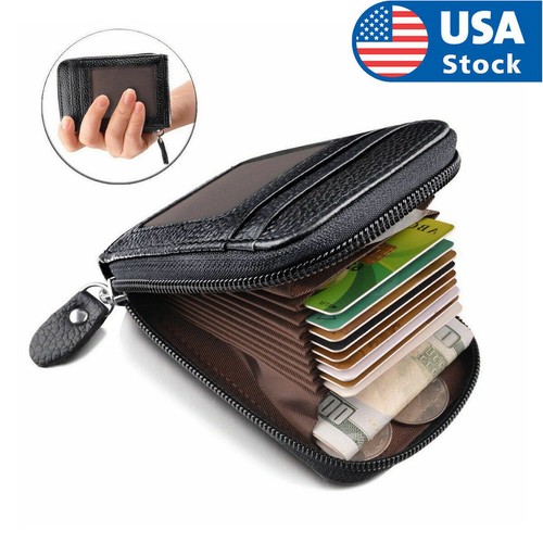 Men Genuine Leather Wallet Credit Card Holder RFID Blocking Zipper Pocket Thin