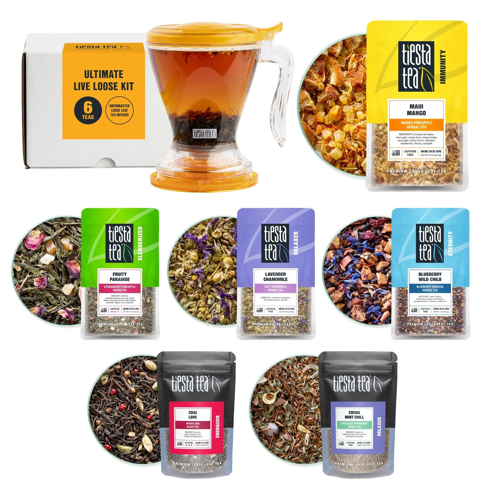 Tiesta Tea Brewmaster Set 6 Premium Loose Leaf Blends Tea Gift Kit 16Oz Infuser