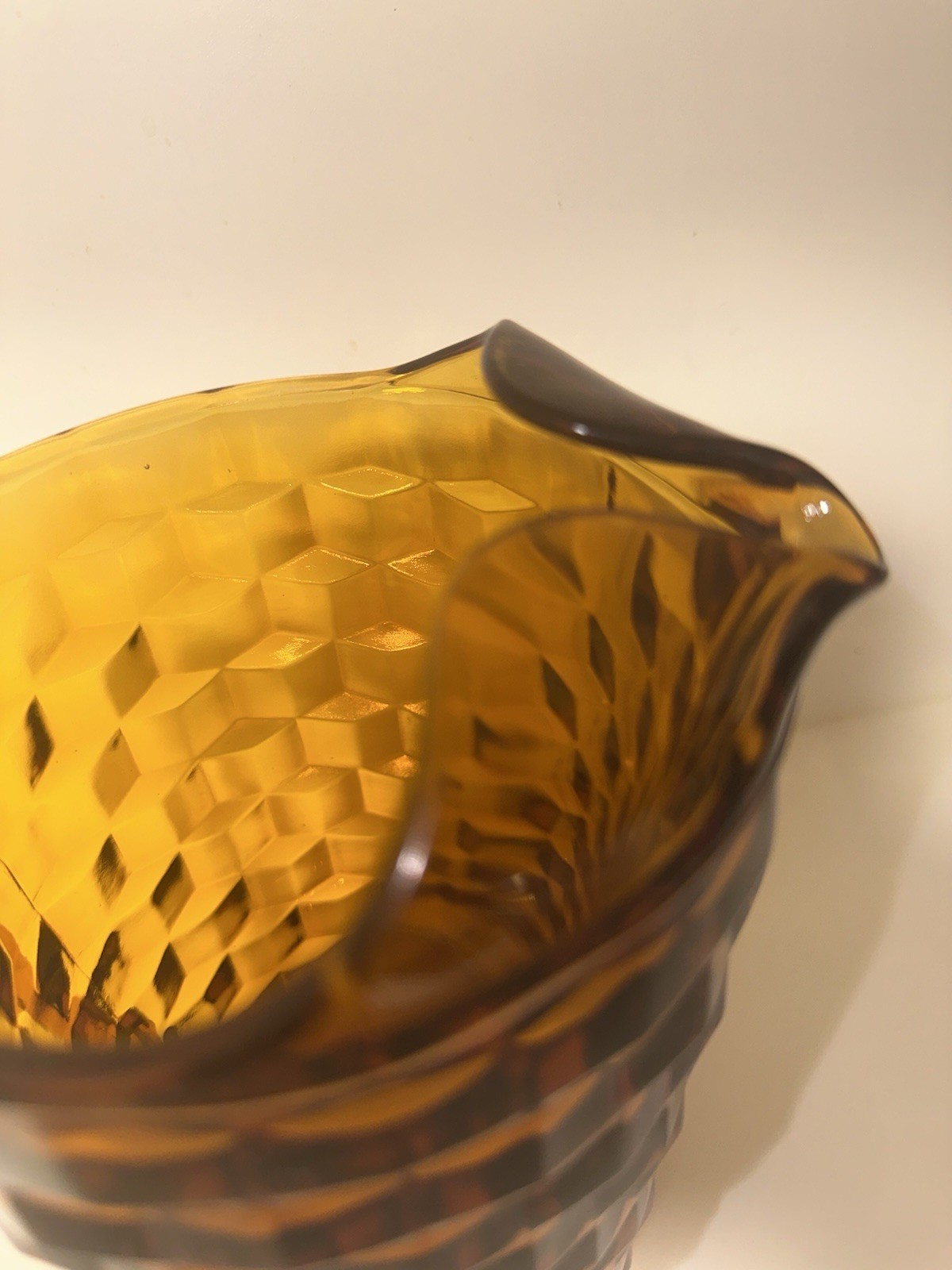 Vintage Heavy Amber Glass Pitcher 48 Oz Whitehall Cubist Pattern MidCentury