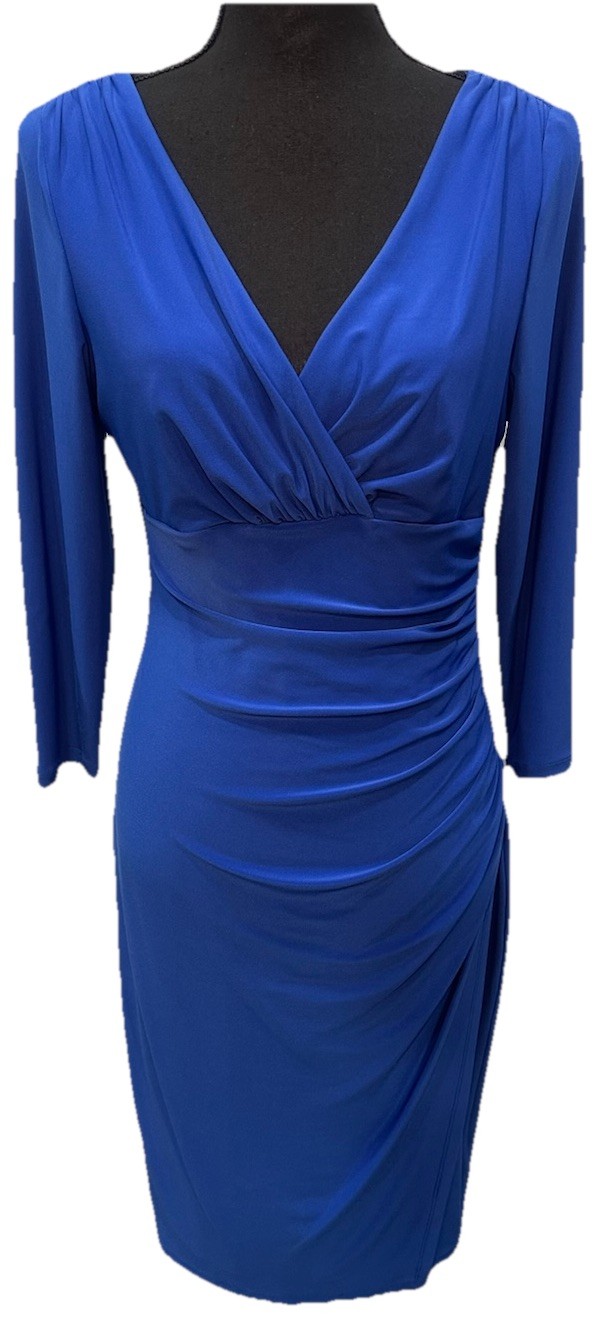 Lauren Ralph Lauren Dress Women Size 8 Royal Blue Midi Ruched 3/4 Sleeve Office
